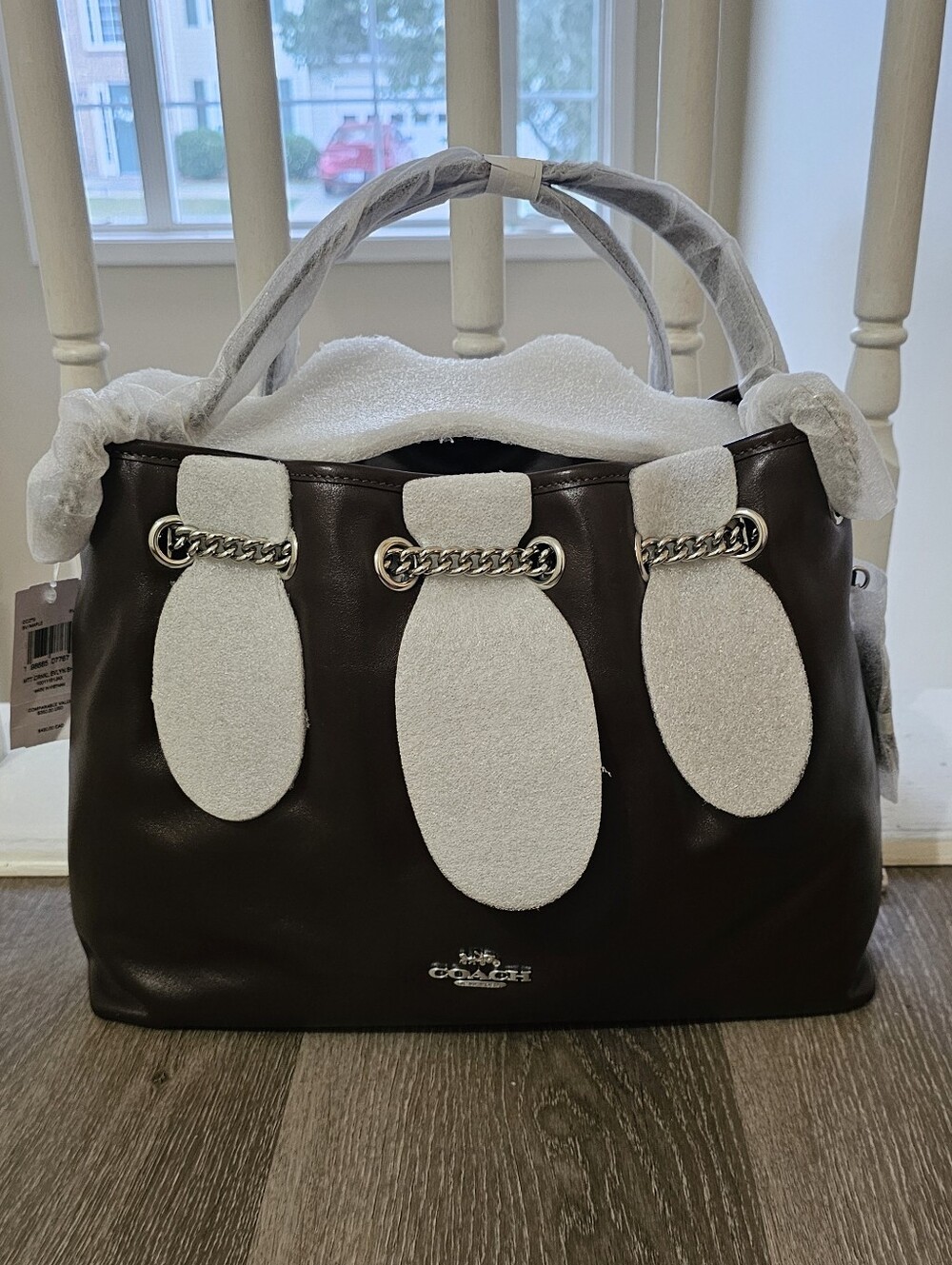 Coach Evelyn Leather Shoulder Bag in Dark Brown with Chain Strap - Picture 6 of 6